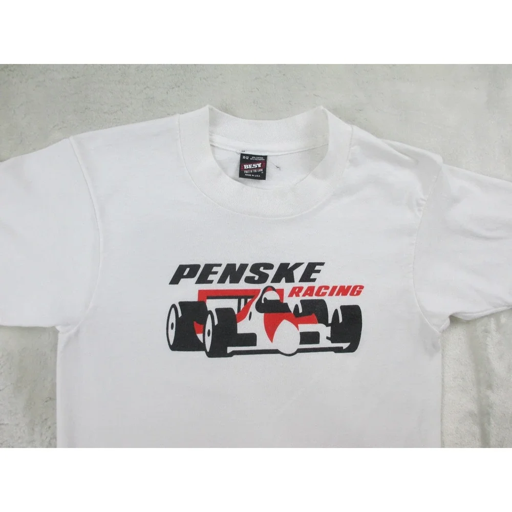 VINTAGE Fruit Of The Loom Shirt Boys 10/12 White Penske Racing Kids Youth